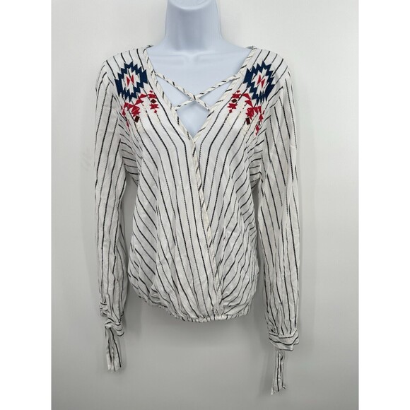 Savanna Jane Embroidered Floral Peasant Tunic Top Women’s M Boho Striped - Picture 2 of 11